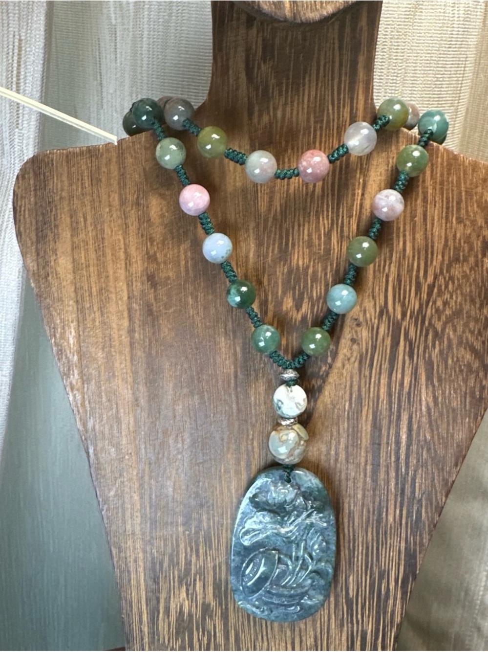 Moss Agate Potted Flower Carving Pendant  Necklace on Colorful Beaded Rope - Picture 2 of 13